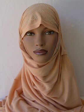 Women's Desert Sand Beige Rhinestone Fashion Jersey Scarf 28x70 Headwrap  Hijab